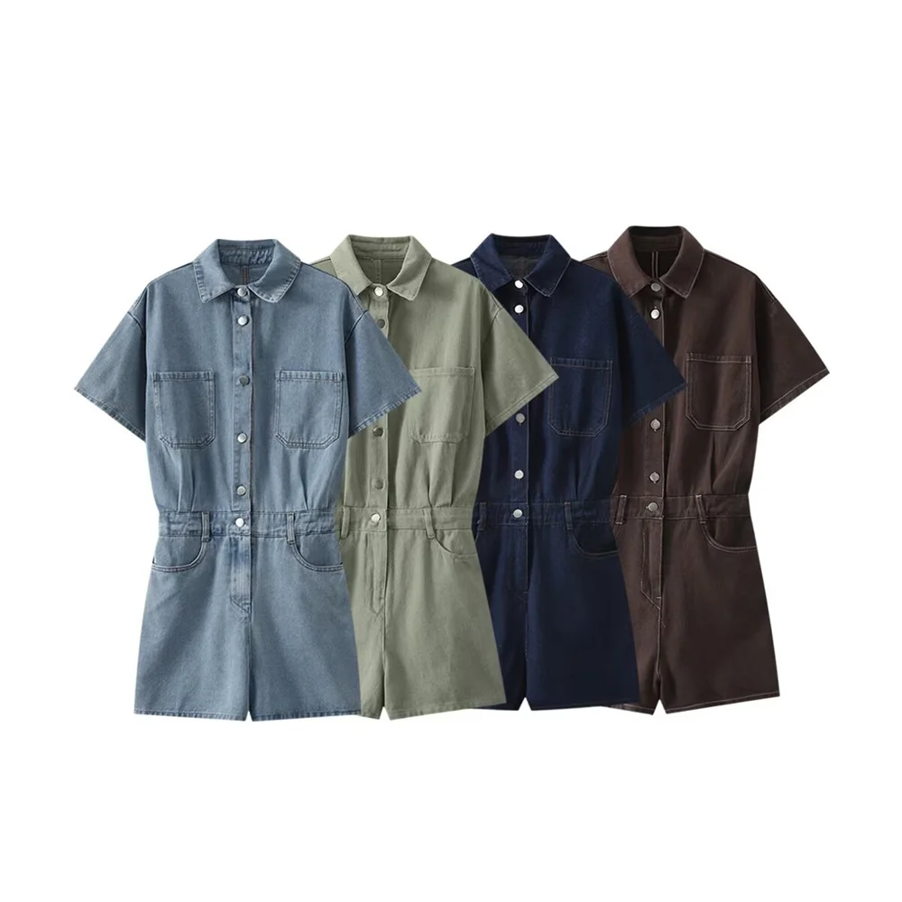 

Summer style multi pocket fashionable and trendy workwear with a collar and short denim jumpsuit