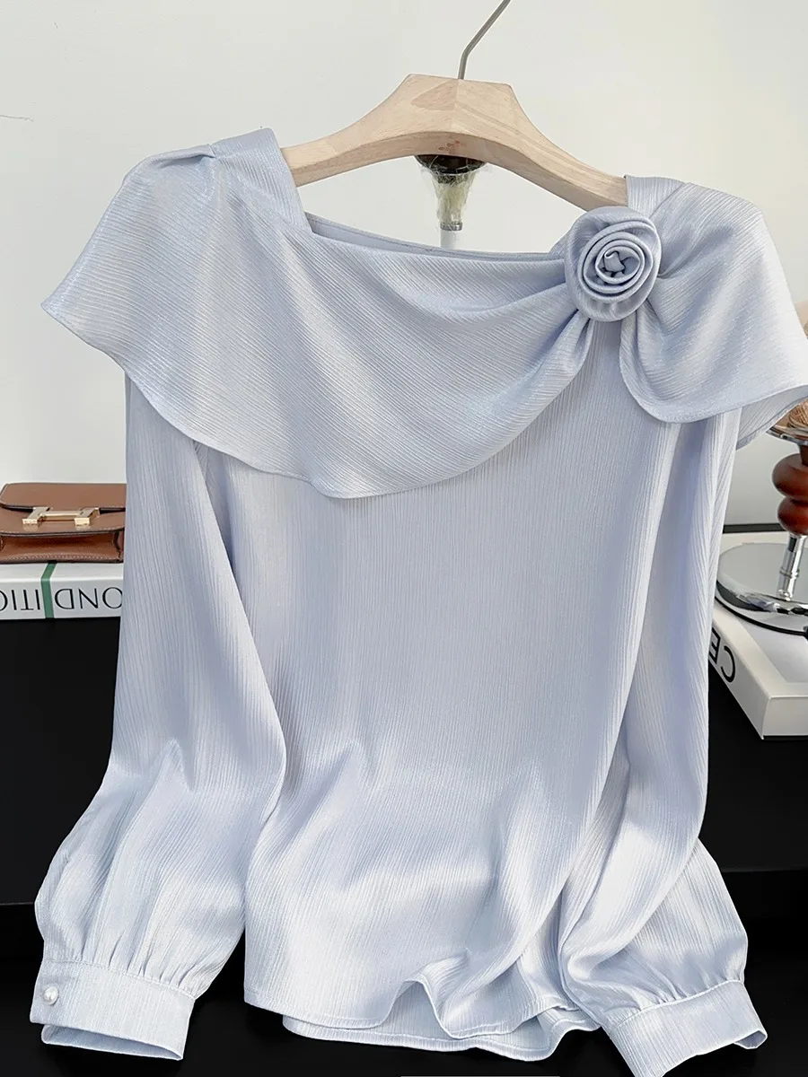 

Ele Long Sve Women's irt Spring 2026 Floral Lace Trim 3D Flower Design Faionable Anti-Aging Top Gentle Wind