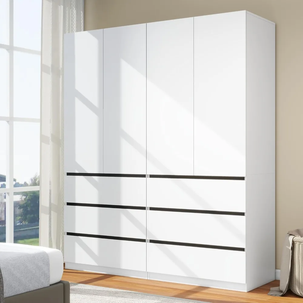 

Bedroom Armoire Wardrobe Closet with 6 Drawers: White Wardrobe Closet with 4 Doors, Modern Cabinet for Clothes with Shelves, Woo