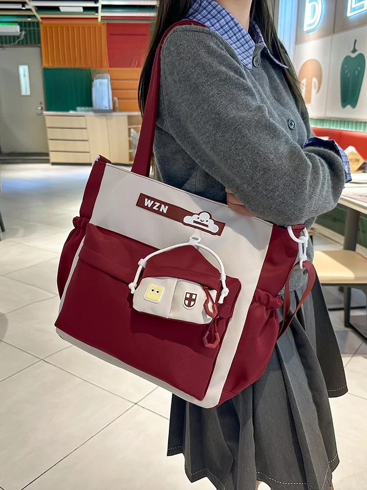Large Capacity Canvas Shoulder Bag Women's College Style Class Tutoring Bag Casual Crossbody Handbag Soft Zipper Closure