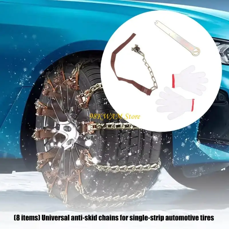 8-Piece Tire Snow Chain Set with Steel Sections, Textile Straps, Mechanical Tensioning Hardware, Gloves, and Wrench for 68UF