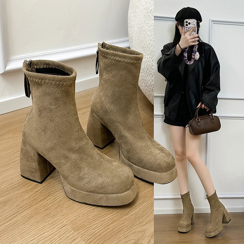 2026 Neue Herbst-Winter Retro Dicksohlige Hochhackige Damenstiefel mit Rückenreißverschluss Kurze Stiefel Modische Vielseitige Damenschuhe – Detail 9