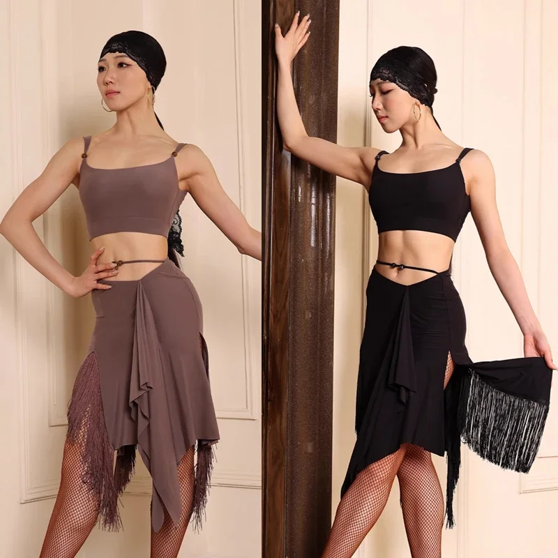 

Sexy Chacha Latin Dance Costume Women Samba Rumba Latin Dance Clothing Adults Latin Top Tassels Skirt Stage Suits