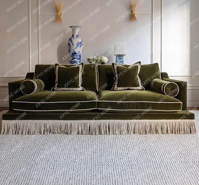 HH  vintage style solid wood sofa villa  vintage fringed lounge sofa