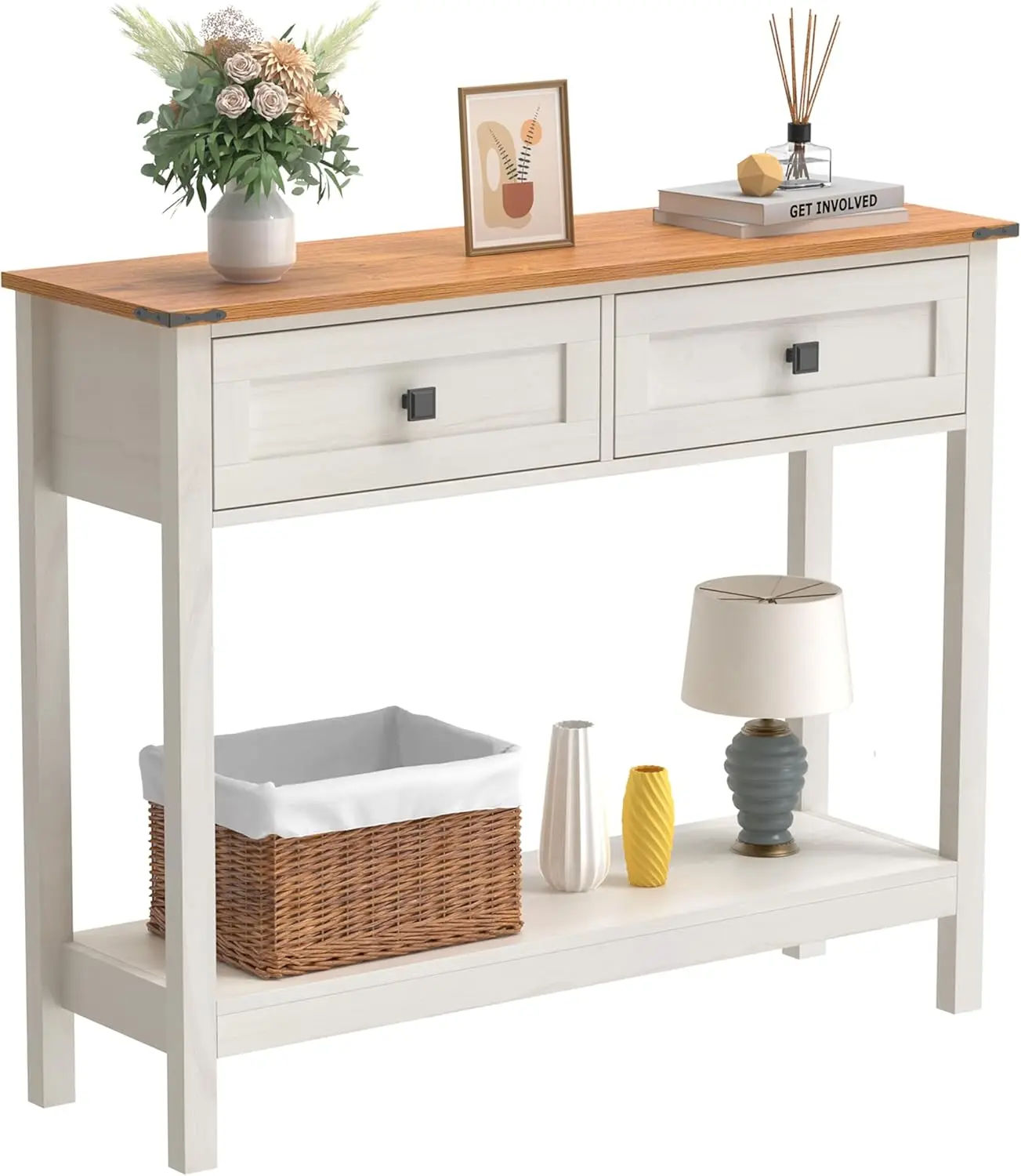 Console Table with 2 Drawer for Entryway Rustic Sofa Table with Open Storage Shelf Hallway Table with Wooden Frame for