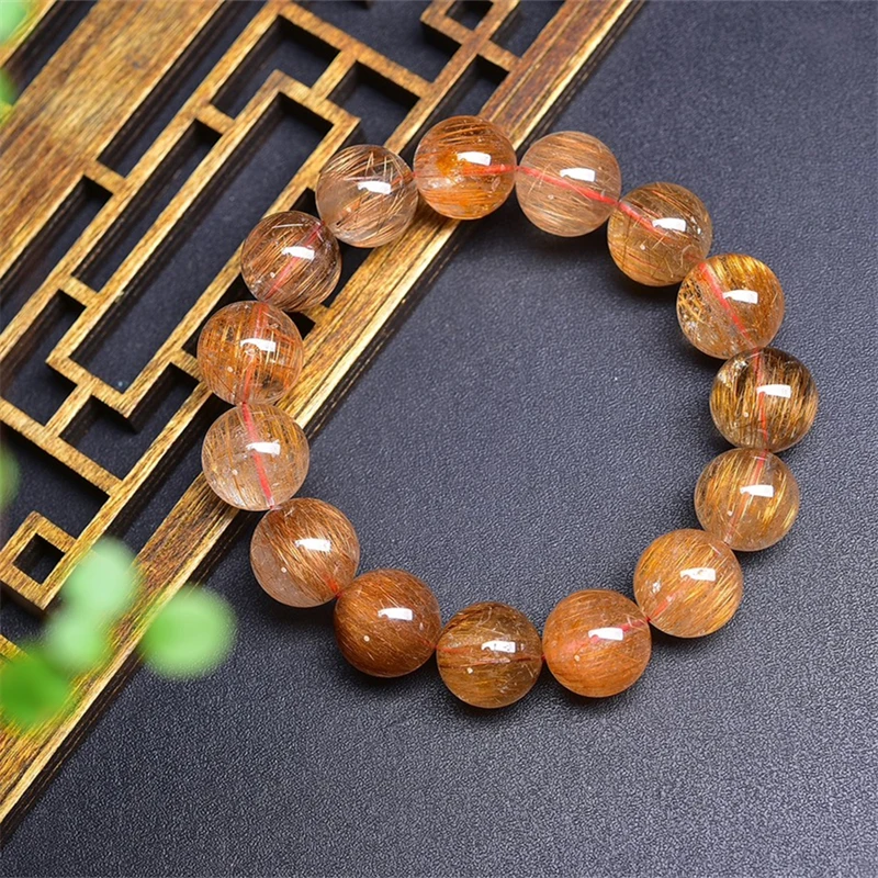 16MM Natural Red Rutilated Quartz Bracelet Healing Crystal Beads Elastic Charm Bracelets for Women Energy Jewelry Gift 1PCS