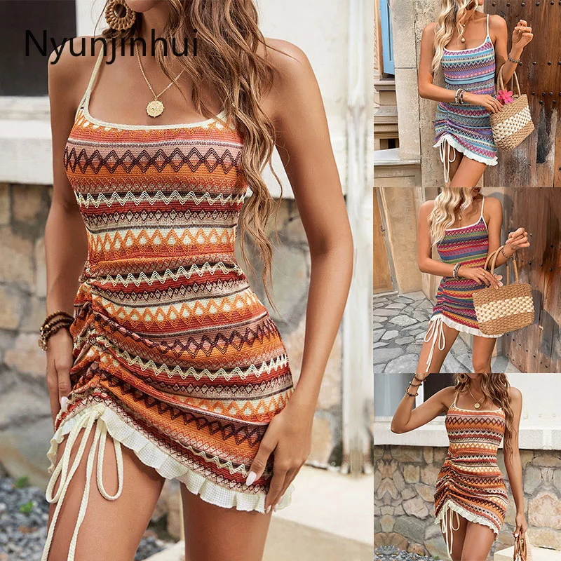 Neues Sommerkleid für Damenmode Europäischer und Amerikanischer Stil Trägerkleid Farbenfrohes Besticktes Gestricktes Kurzes Sexy Kleid