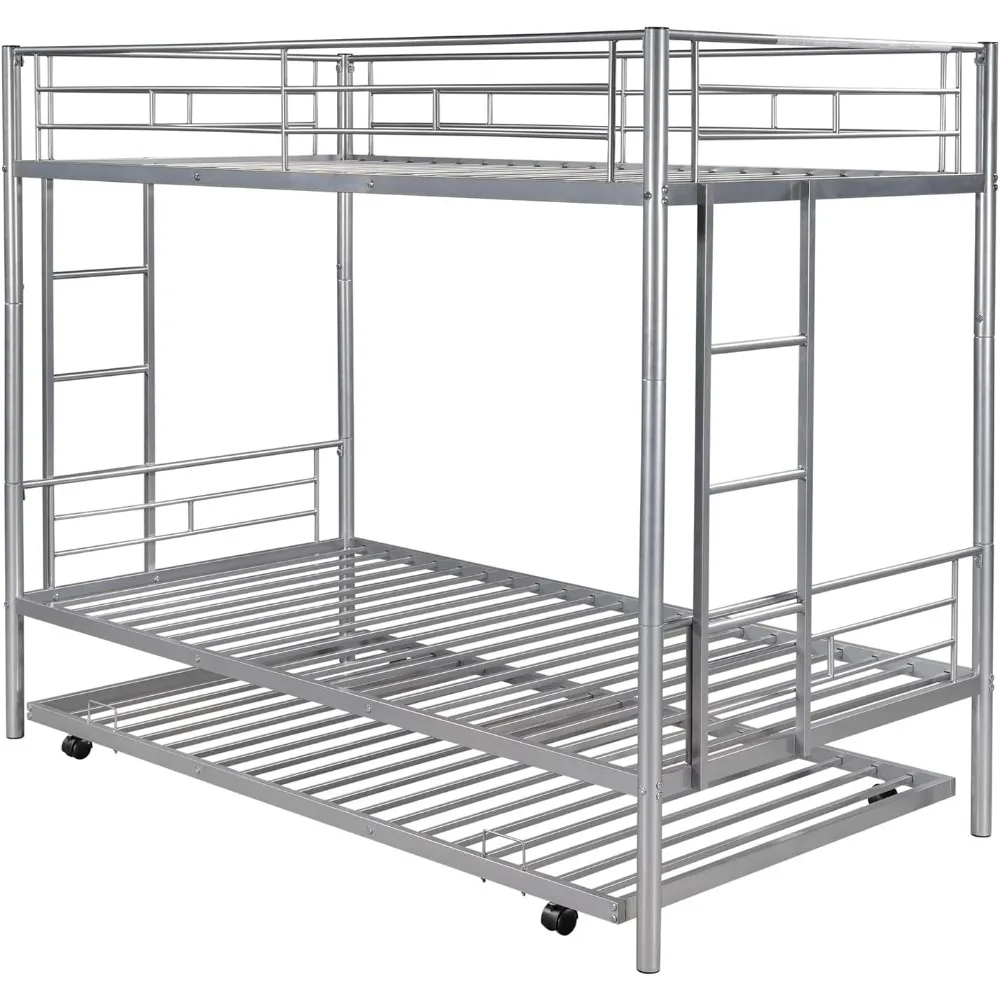 Metal Bunk Bed with Trundle ,Twin Over Twin Bunk Beds with Slats, Heavy Duty Bunkbed Frame for Adults,Teens,Boys and Girls