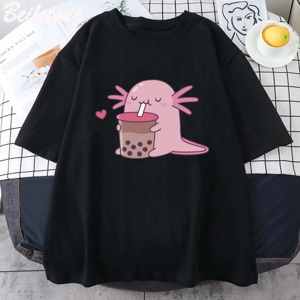 Cute Salamander Newt Bobo Milk Tea T Shirt Womes Tops Cute Printed 100% Cotton O-neck Summer Causal Tshirt Harajuku Tees Cartoon