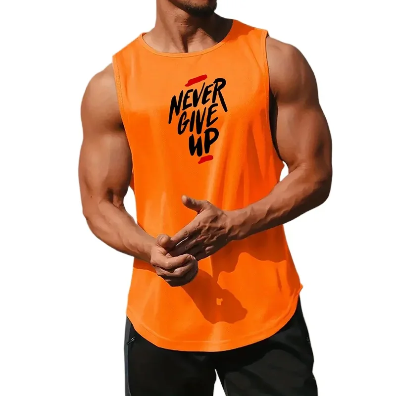 Men's Loose Mesh Quick-Drying Breathable Gym Tank Tops Never Give up Running Training Bodybuilding Fitness Basketball Vests