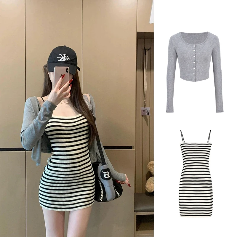 

MosesQueen Summer Slim Fit Stripe Knitted Short Skirt with Open Cardigan Women's Wrap around Bodycon Dress Ins Style Regular ...