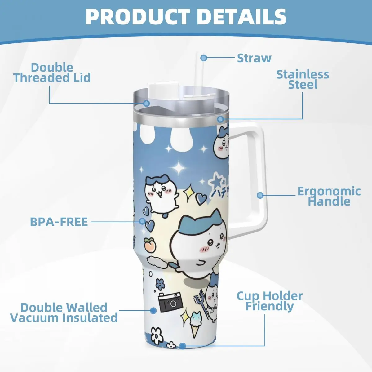 Kubek termiczny ze stali nierdzewnej Chiikawa, kubek podróżny 40oz, kubek do kawy, utrzymuje ciepło i zimno, butelka na mleko, herbatę, wodę.