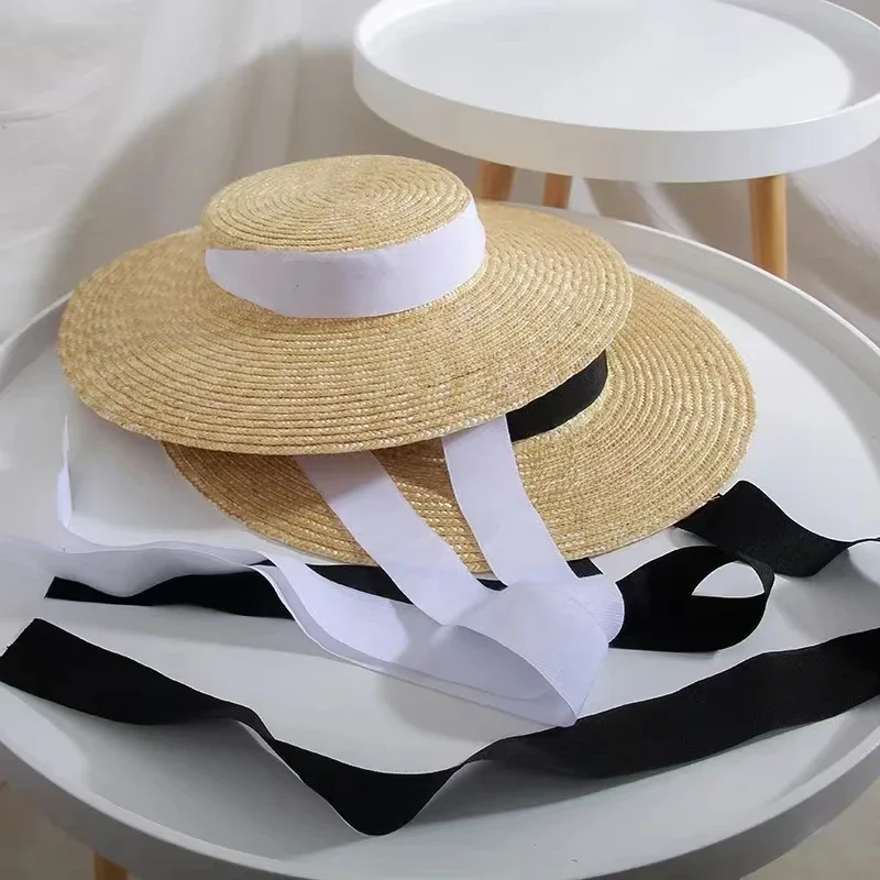 Europäischer und amerikanischer Hepburn-Stil, modischer Strohhut mit großer Krempe und flachem Oberteil für Damen, Sommerurlaub, Strand, Sonnenhut