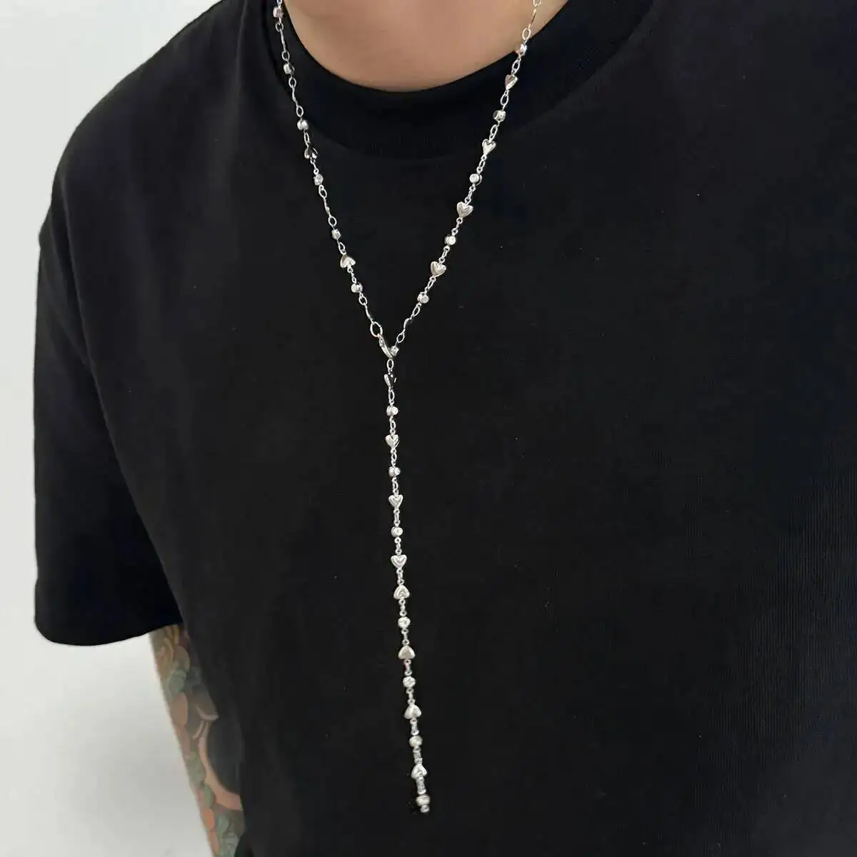 KunJoe HipHop Y-shaped Hollow Out Love Heart Chain Necklace for Men Simple Long Pendant Necklace Sweater Chain Male Neck Jewelry