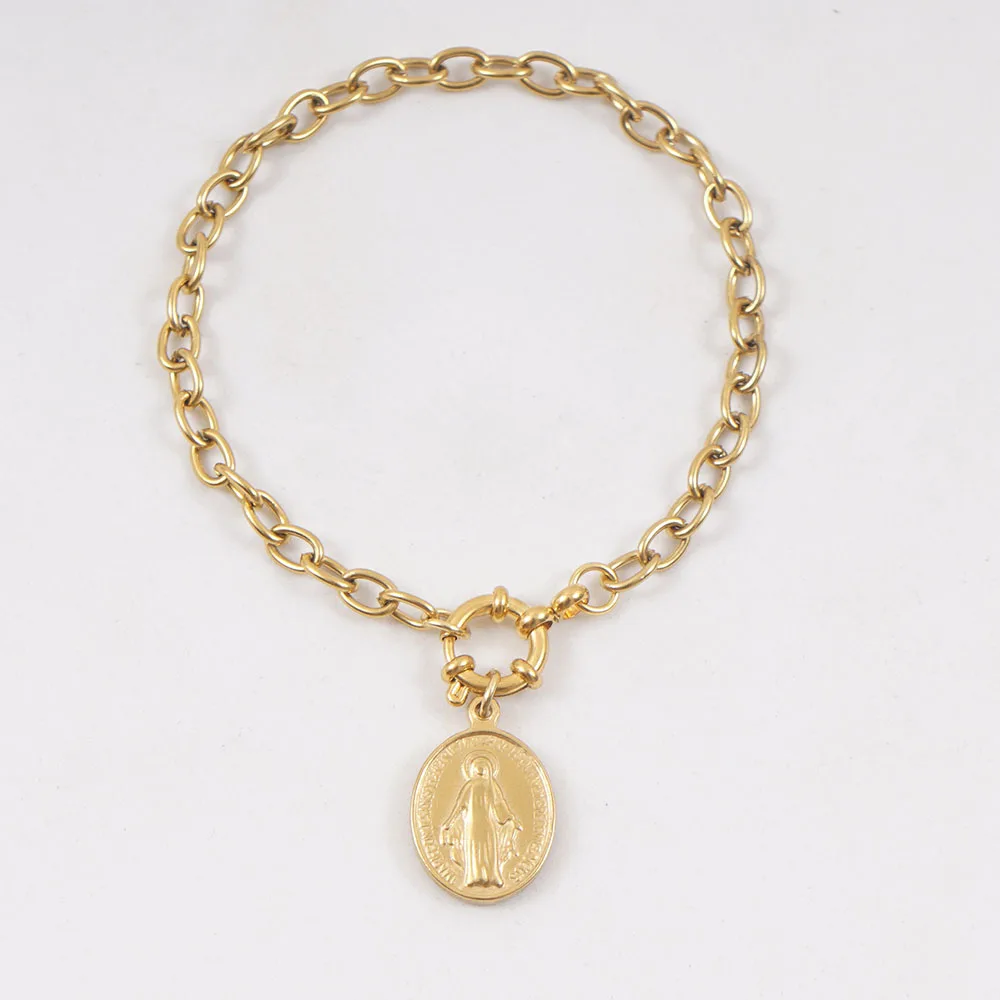 Virgin Maria Sailor Clasp Bracelet For Women Gold Color Stainless Steel Virgin Mary Sailor Clasp Bracelets Metal Rolo Chian