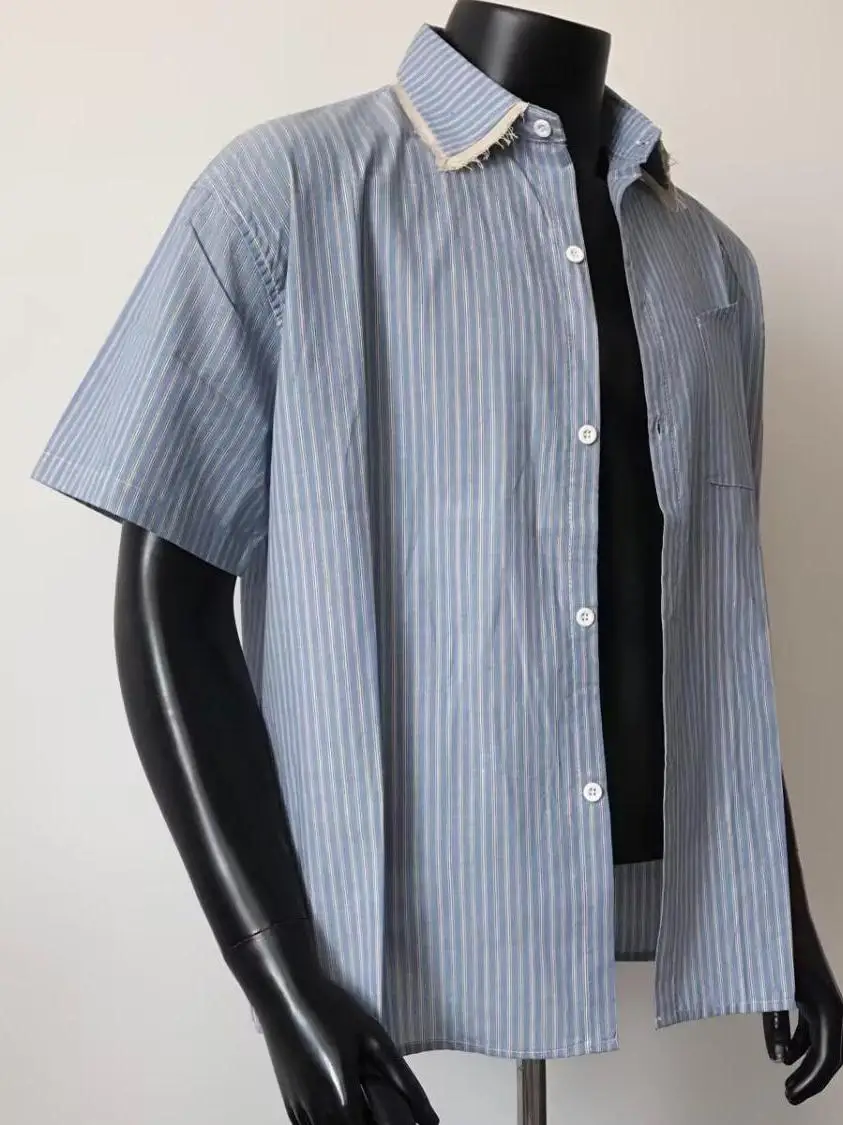 

Summer Large Size Men's Shirt Short Sleeve Stripe Pattern Casual Style Polyester Fabric Printed Design Long Length Open Cardigan