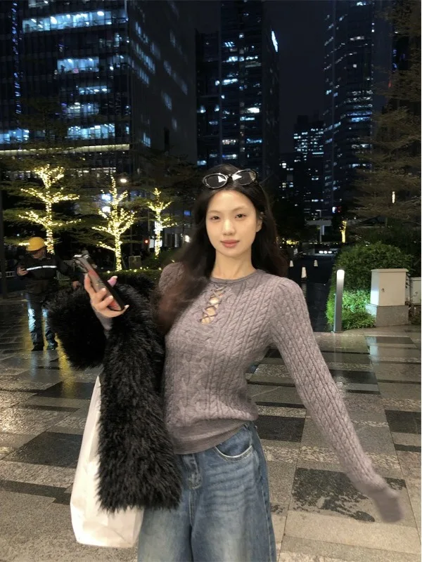 

Bla Cheese Autumn Winter Korean Sle Vintage Design Waist-Cinching Sweater Layering Versatile Inner Knitted irt Top