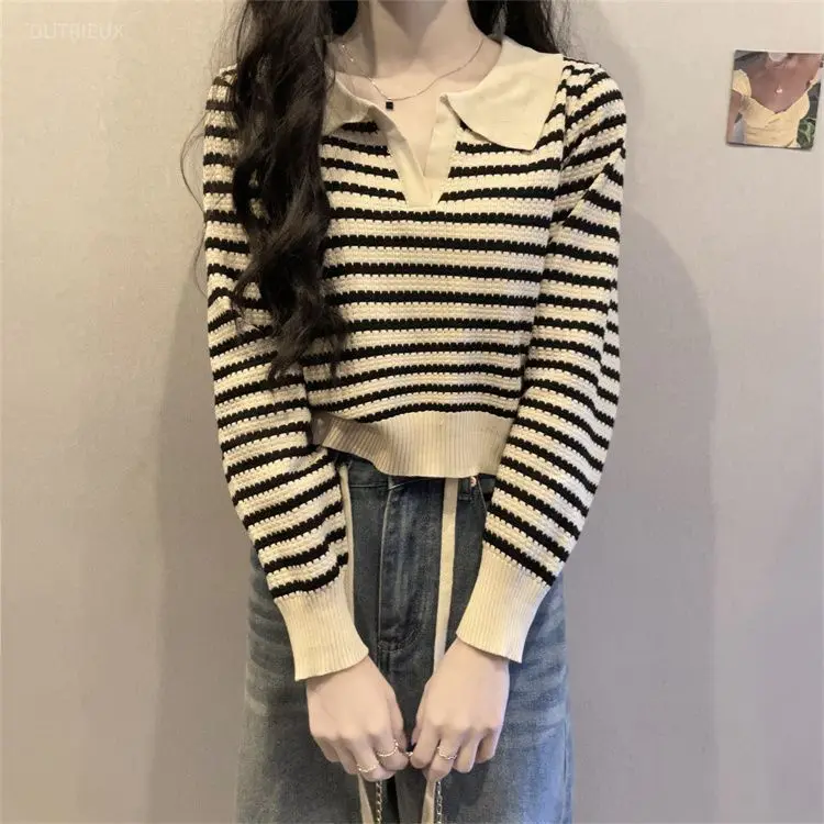 Stripes Autumn Winter Clothes Woman Sweaters Contrast Color V Neck Pullovers Korean Fashion Looose Pull Femme