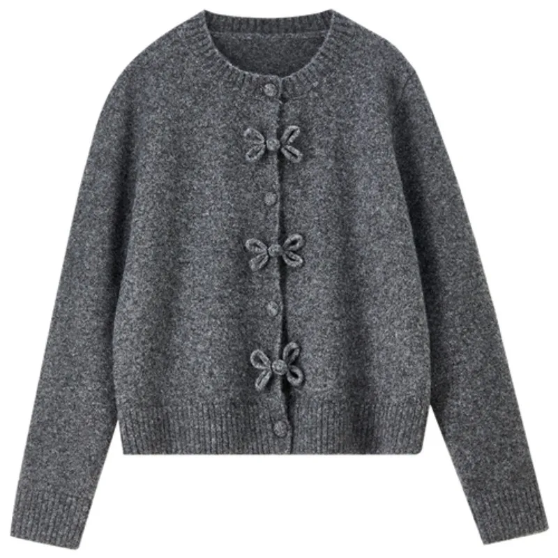 SENTUBILA Strickjacke für Damen, chinesischer Stil, 2025, Herbst, O-Ausschnitt, Schleife, Knoten, Froschverschluss, Pullover, elegante Strickoberteil aus Wollmischung, W53EB3863