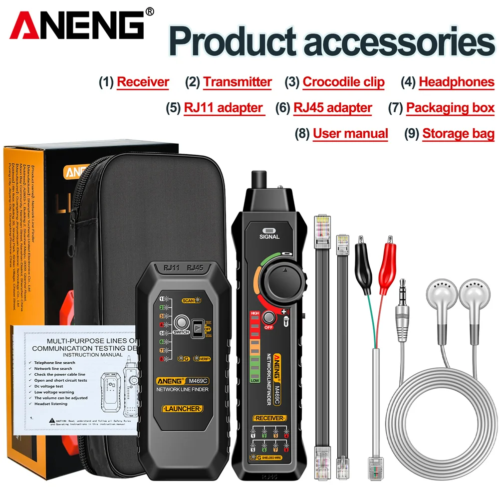 

Тестер сетевых кабелей ANENG M469C: высокоточный интеллектуальный прибор для проверки RJ45, RJ11, LAN-кабелей, трассировки линий, измерения уровня постоянного тока и тестирования кабелей.