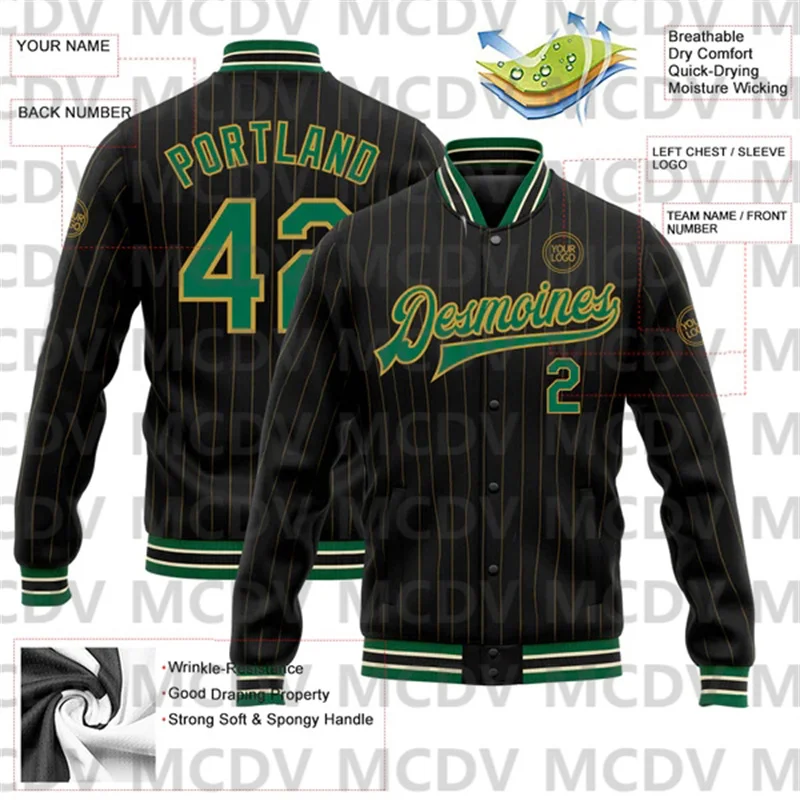 

Custom Black Old Gold Pinstripe Kelly Green-Or Bomber Full-Snap Varsity Letterman Jacket