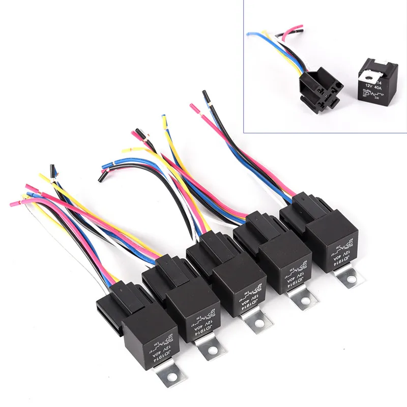 5Pcs Waterproof Automotive Relay 12V 5Pin 40A Car Relay with Black Red Copper Terminal Auto Relay Socket SPDT Harness Cable