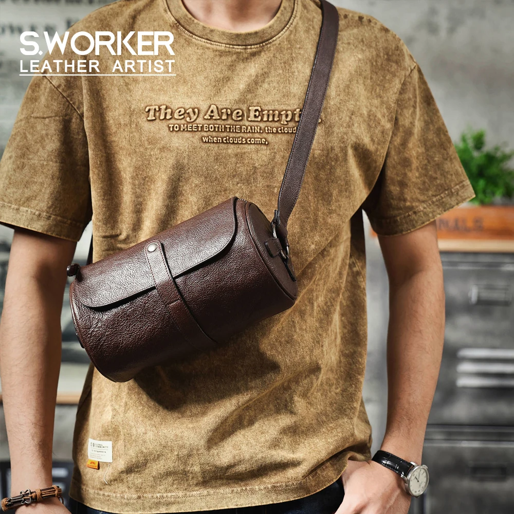 Echte Leder-Umhängetasche für Herren, Zylindertasche, schlicht, aus hochwertigem, pflanzlich gegerbtem Rindsleder, modisch und lässig – Detail 2