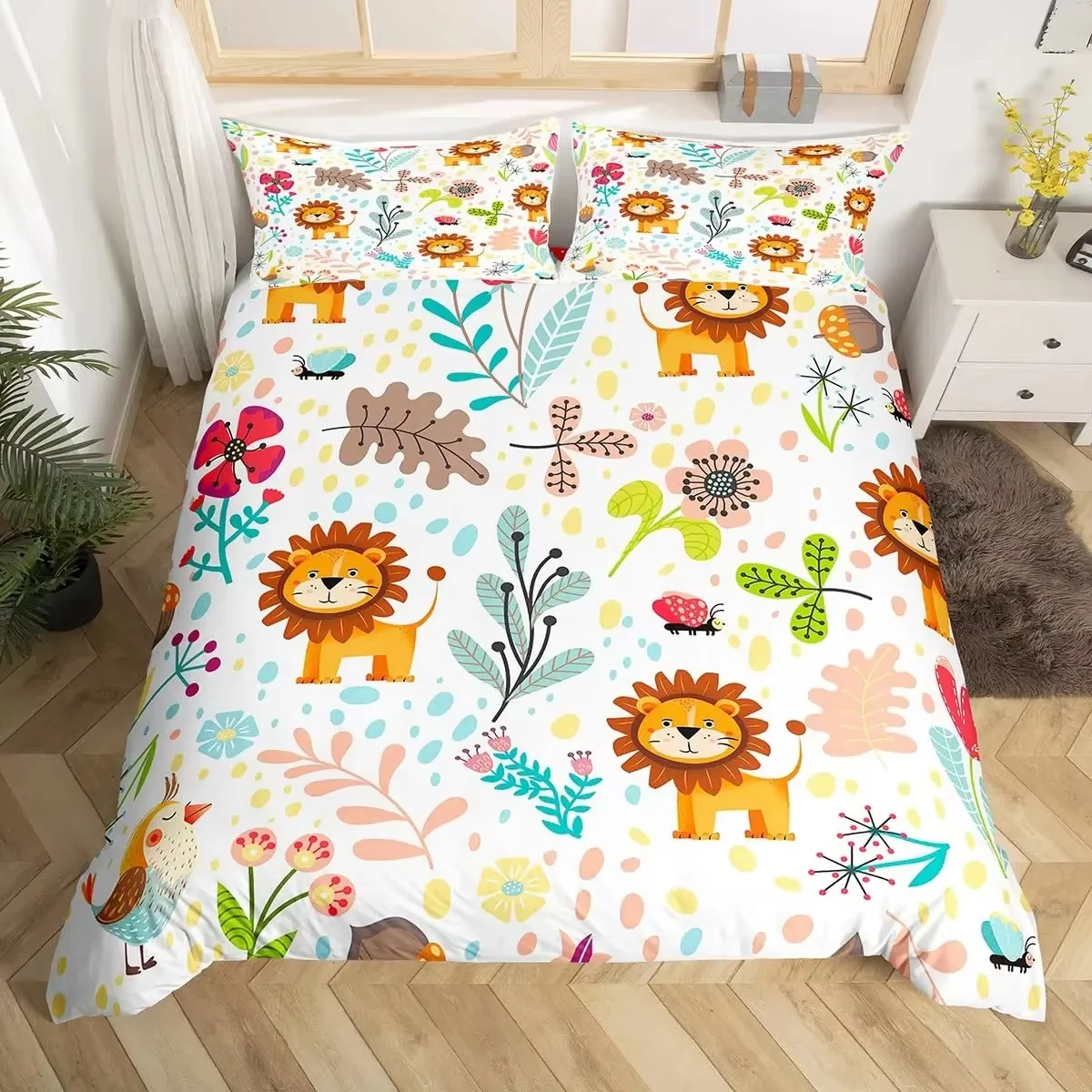 Cartoon Lion Kids Duvet Cover Jungle Botanical Comforter Cover Floral Zoo Animal Bedding Set Woodland Leaves Flowers Quilt Cover
