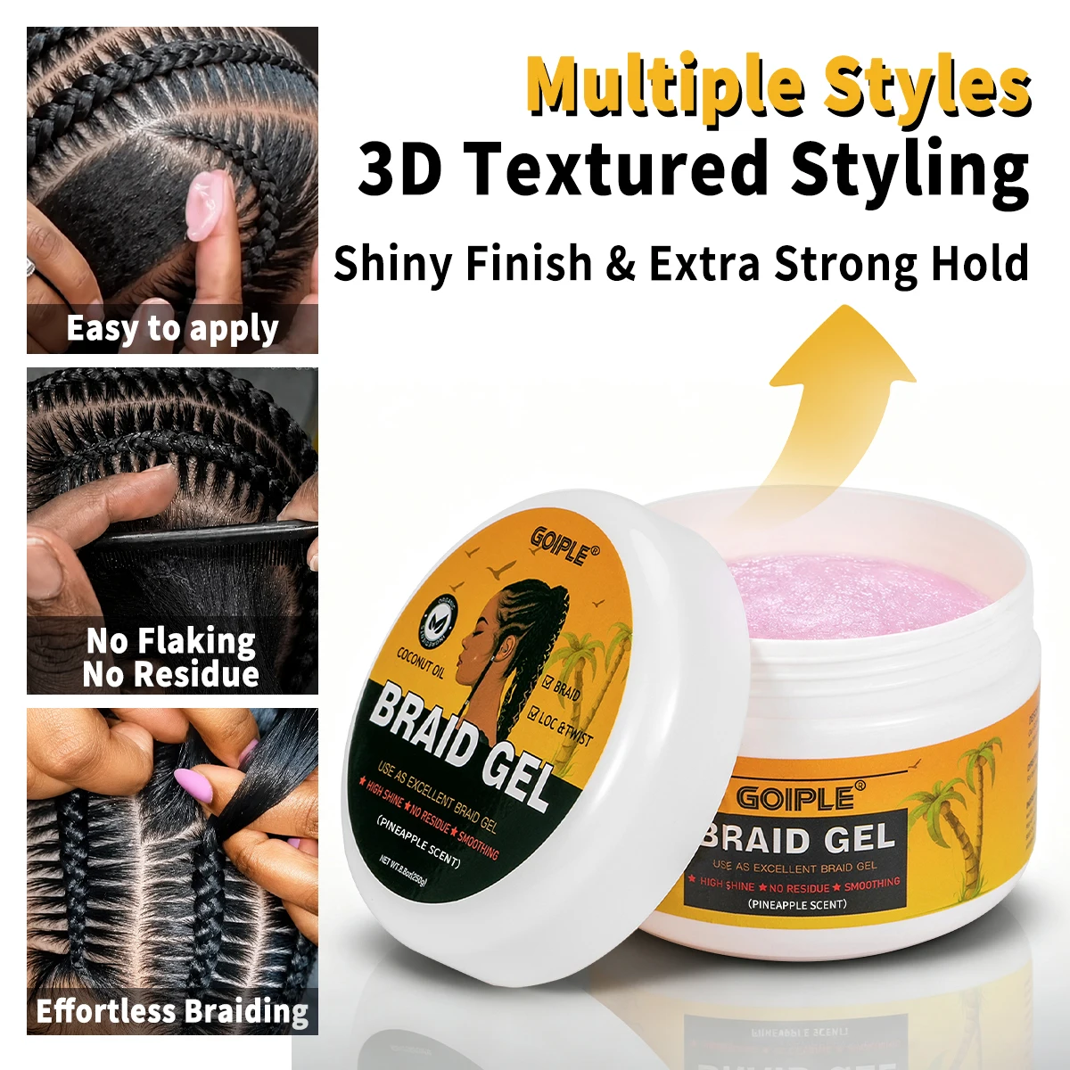 GOIPLE 250G Braid Gel Strong Hold Loc Twist Wax Shiny Non-Flaking