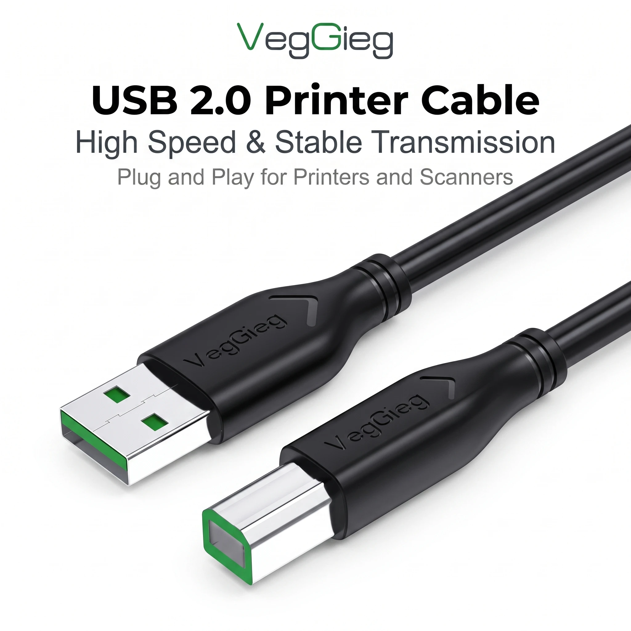 VegGieg High Speed USB 2.0 B Type Printer Cable Braided Data Cord Driverless Stable Long Distance Transmission for Scanner