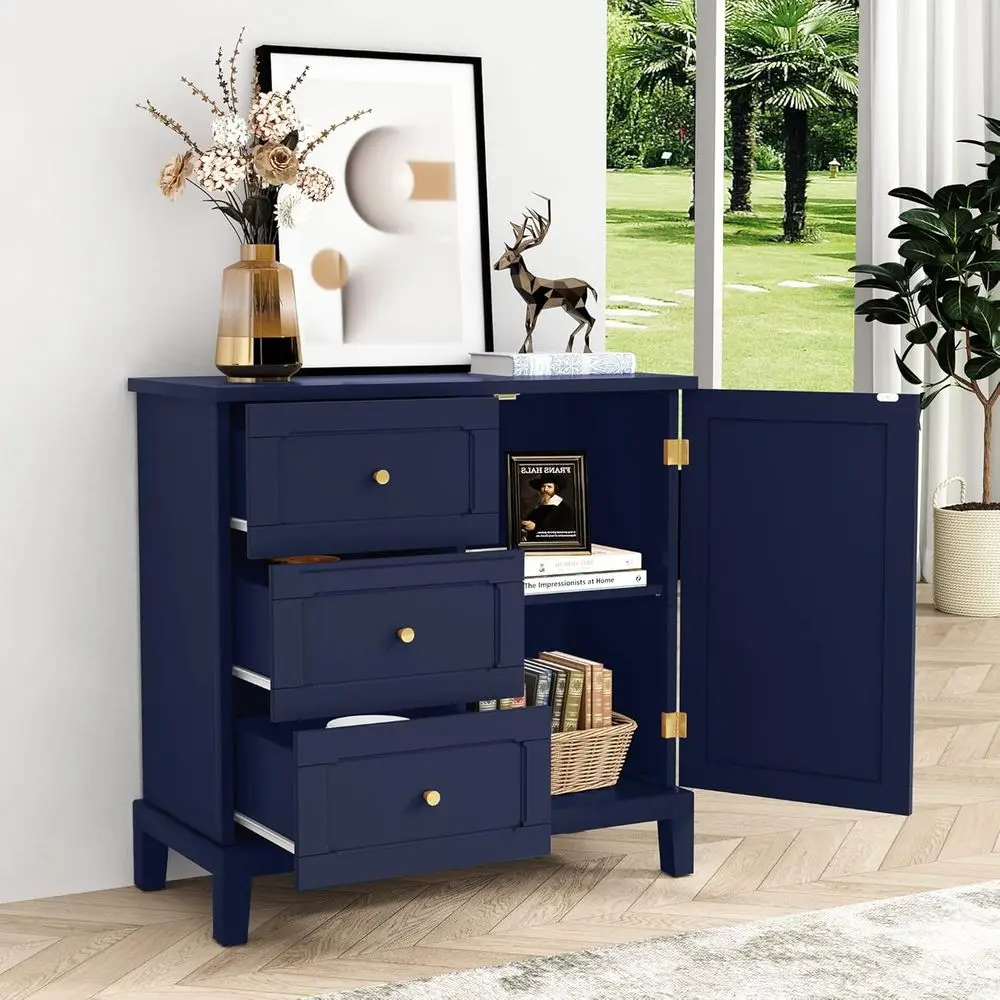 

Navy Blue Wooden Storage Cabinet with 3 Drawers, Door, and Shelves for Living Room and Entryway