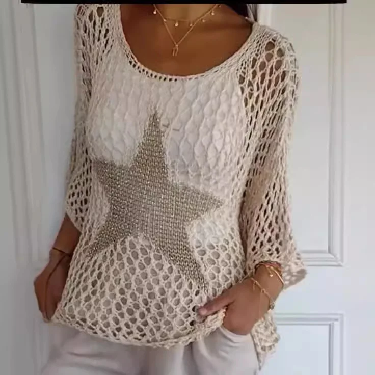 

BKLD Summer Knitted Tops Star Pattern Round Neck Women Clothing Three Quater Sleeve Air Conditioning Tops Beach Cover-Ups Women
