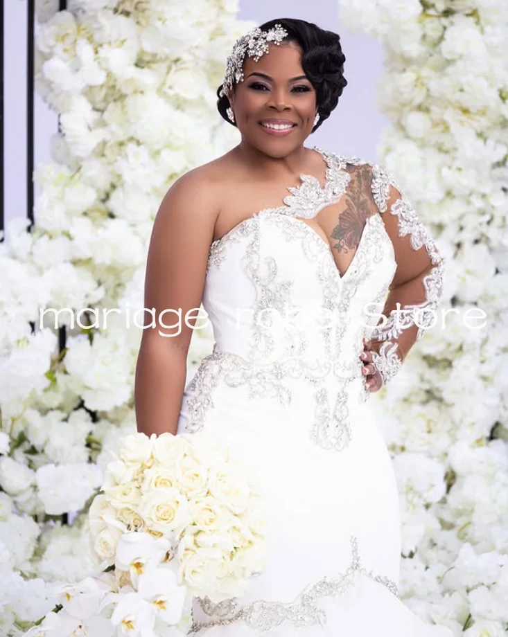 One-Shoulder Mermaid ชุดแต่งงานยาว Sparkly คริสตัล Ruffles รถไฟ Customized แอฟริกันชุดเจ้าสาว vestido de novias