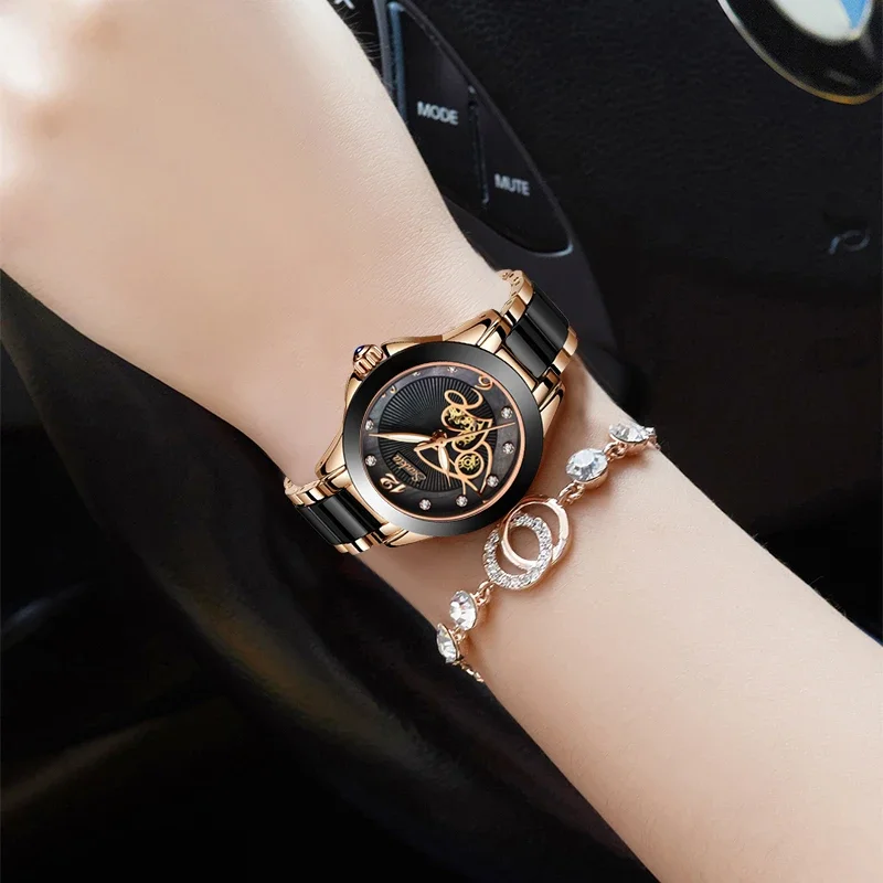 LIGE Brand SUNKTA Luxury Ladies Watch Black Ceramic Diamond Waterproof Quartz Watch for Women Wristwatch Clock Relogios Feminino