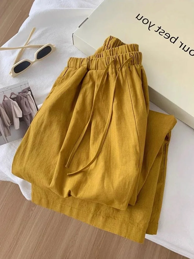 

Высококачественные женские широкие брюки из льняного материала, горчично-желтого цвета, простые винтажные утягивающие крутые летние модные брюки больших размеров