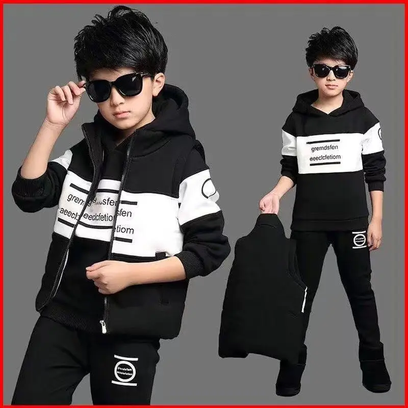 3pcs/set 2026 Winter Boys Tracksuit Autumn Teenager Clothes Splicing Velvet Jacket + Hooded + Pant Children 4 8 9 10 11 12 Year