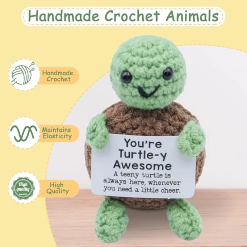 Positive Crochet Turtle with Motivational Card - Handmade Mini Emotional Support Sea Turtle Gift, Cute Knitted Wool Doll