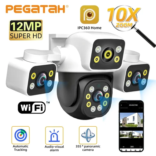 Cámara de seguridad WiFi para exteriores 6K 12MP, lente triple pantalla triple Zoom 10X PTZ seguimiento automático alarma de luz de sonido