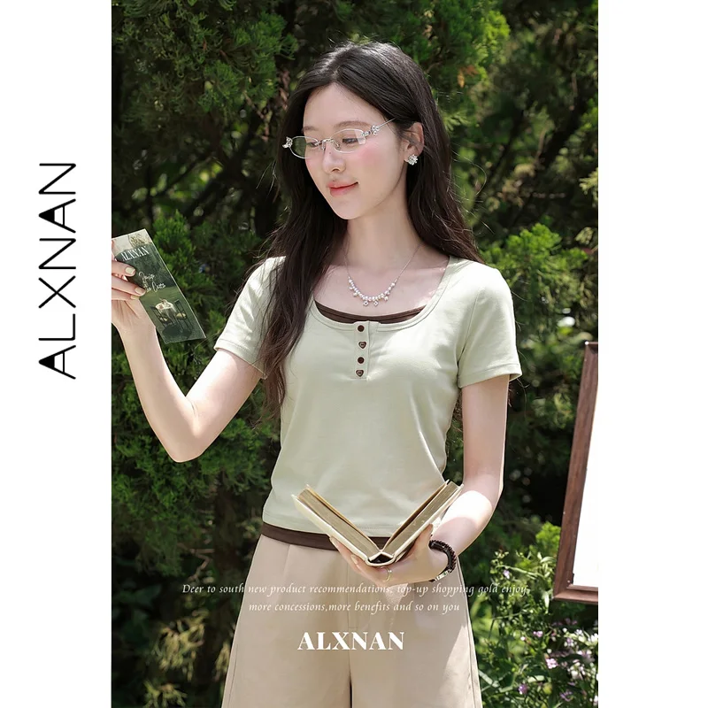 ALXNAN Green Coffee Color Block Fake Two Piece Short Sleeve T-shirt Square Neck Vertical Button Decor On Chest Women Top L67366A