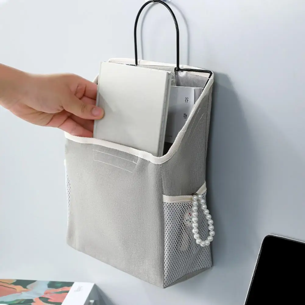 Bedside Essentials Organizer Capacity Cotton Linen Storage Hanging Bag with Mesh Pocket for Dorm Room Bedside for Glasses