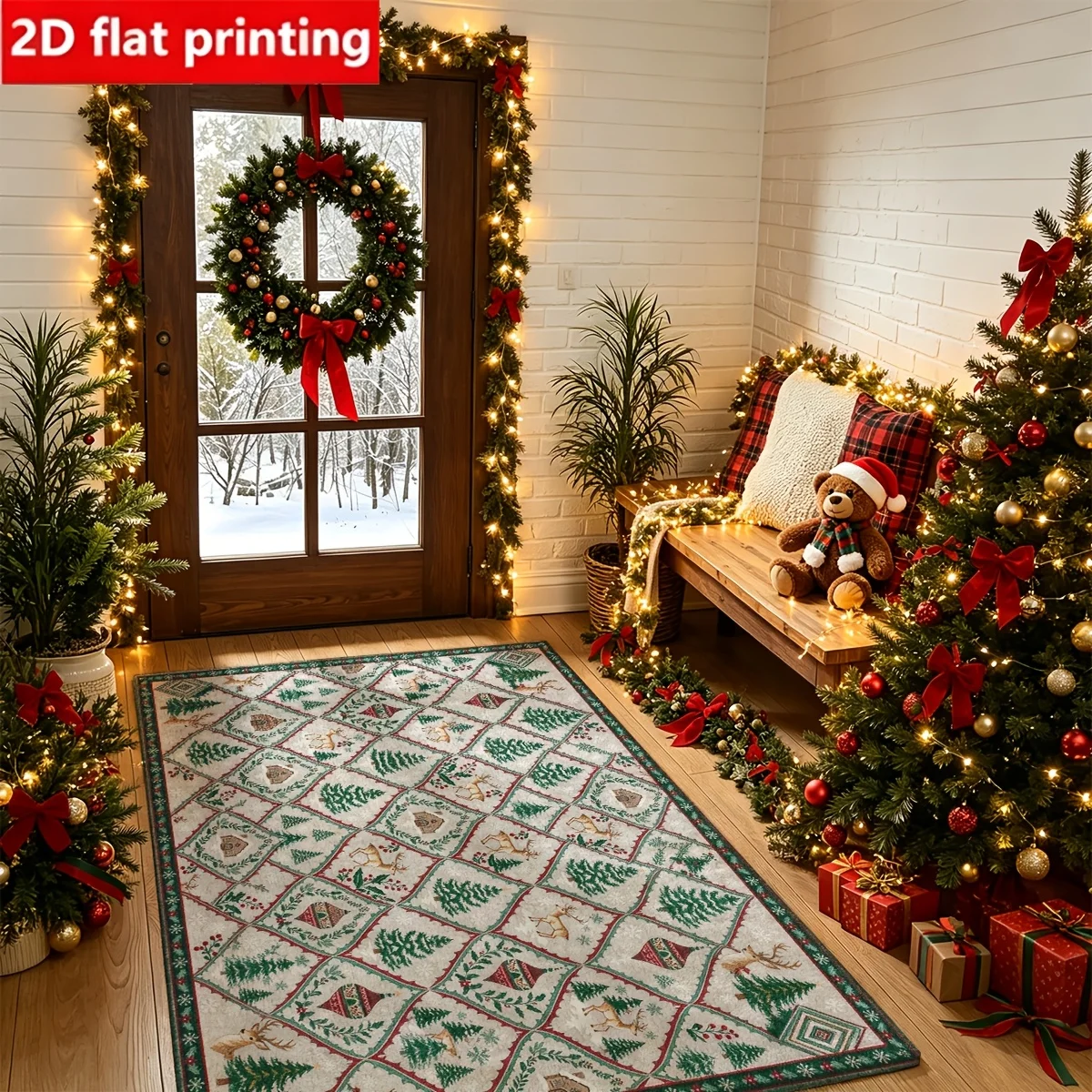 1pc 2D Flat Christmas Tree Reindeer Patchwork Quilt Printed Floor Mat, Decorative Rug for Living Room, Bedroom, Home