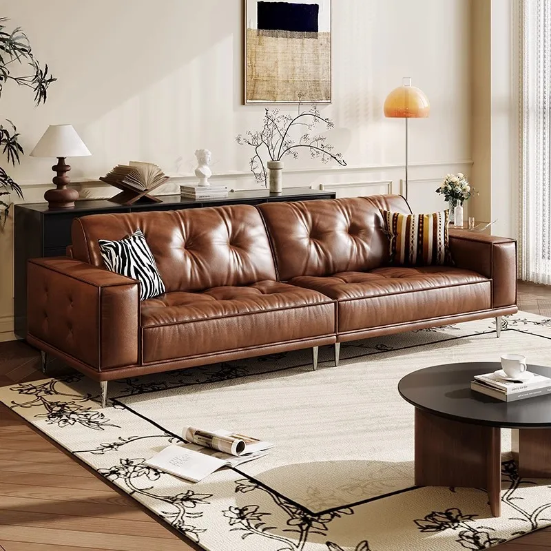 

French retro tofu block oil wax leather sofa medieval small apartment living room straight row high-footed sofa