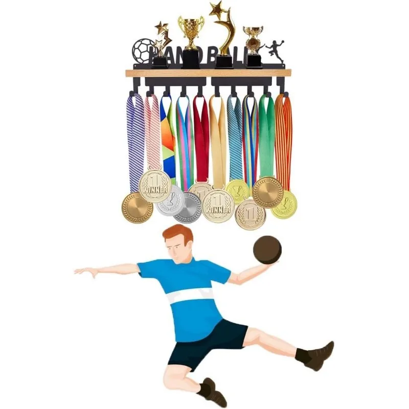 1 Set Handball Medal Holder Trophy and Medal Hanger Wooden Shelf Medal Display with 10 Hooks Sports Award Display Shelf