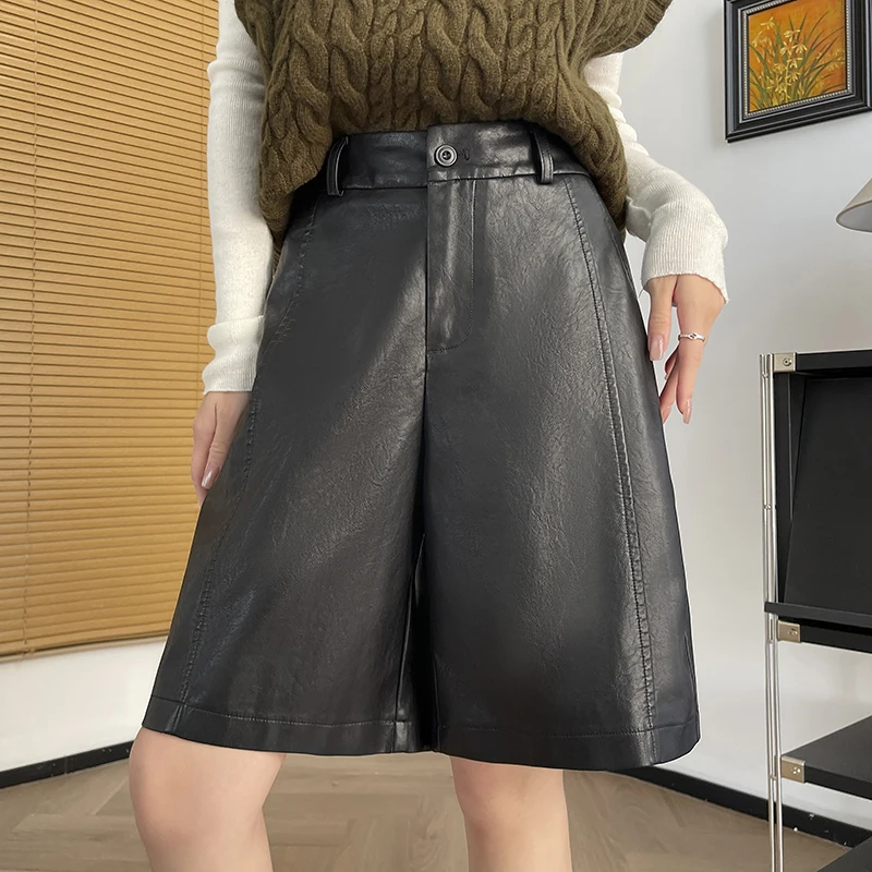 Faux Leather Knee Length Shorts High Waist Wide Leg Loose Casual Women Bermudas Shorts Fashion PU Shorts Black Coffee Pants