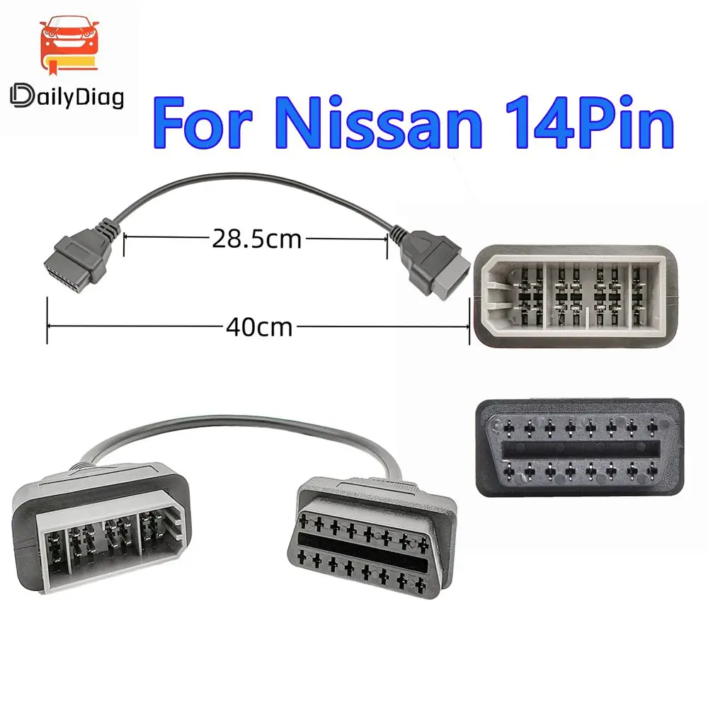 For Nissan 14 Pin to OBD OBDII 16 Pin Works With All For Nissan Cars OBD2 16Pin Female Connector Cable For Nissan 14Pin