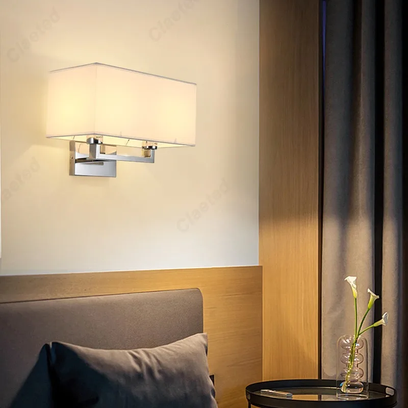 Simples LED dupla cabeça lâmpada de parede, abajur tecido, quarto, cabeceira, farol, interior, decoração de casa, luminária, E27