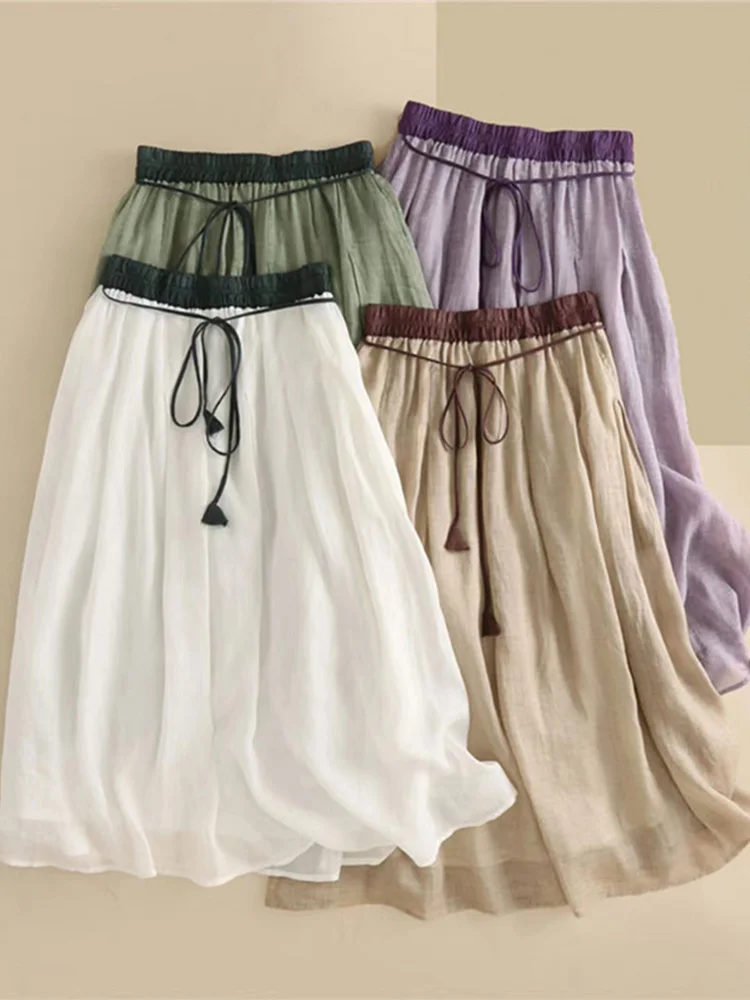 ارتفاع الخصر طبقات مزدوجة الكتان ألف خط تنورة المرأة ماكسي ميدي تنورة جرس بوت القطن الكتان f الجسم التنانير #4