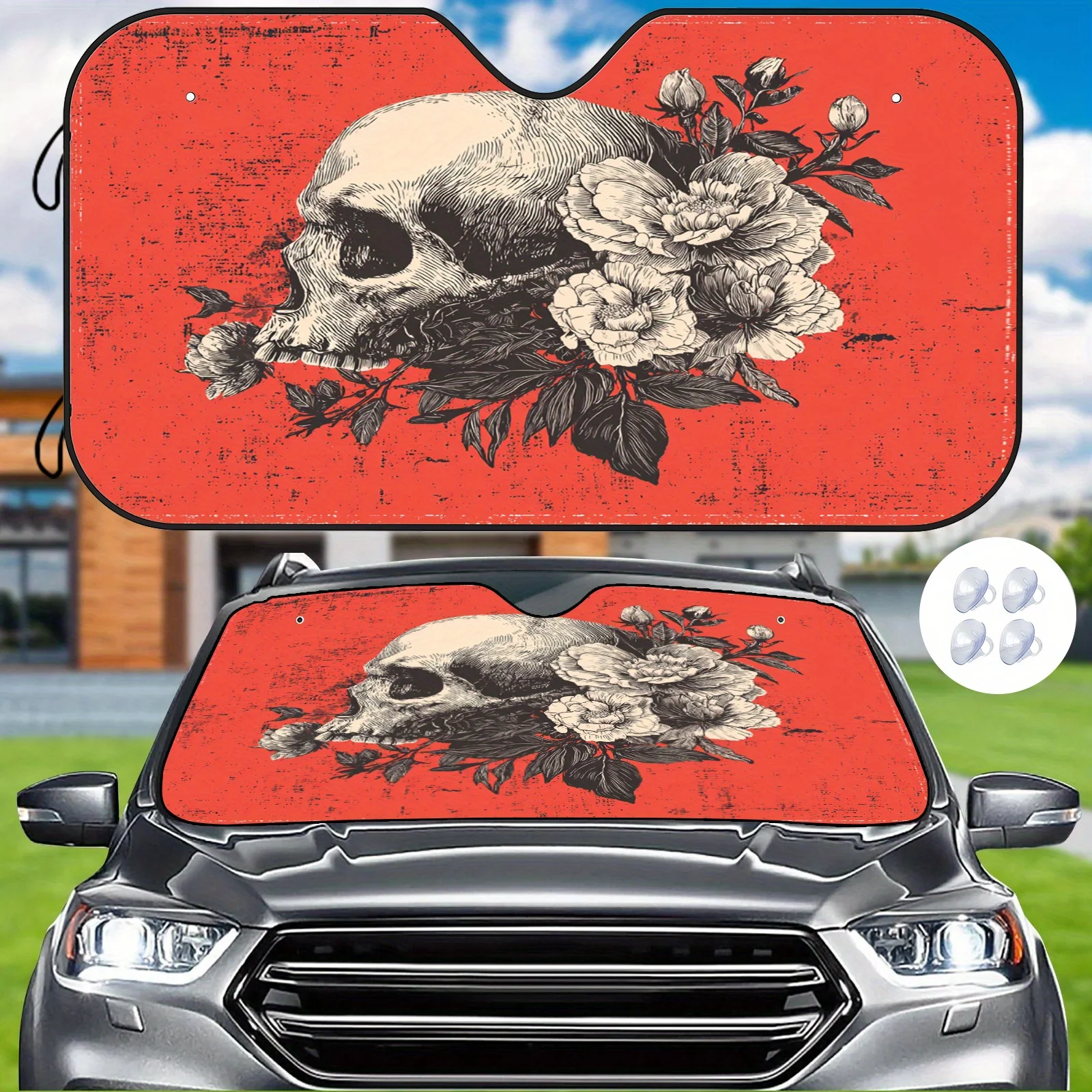 Red Flower Skull Car Sunshade, Trendy Print Style, Heat Insulation And Heat Reduction, Maintains The Coolness Of The Car, Comes