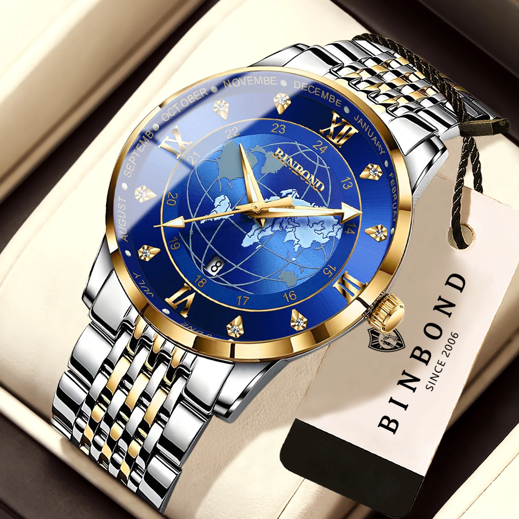 BINBOND Orginal Earth Quartz Watches For Men Luxury Luminous Waterproof Men's Watch Stainless Steel Regalos Para Hombres +Box