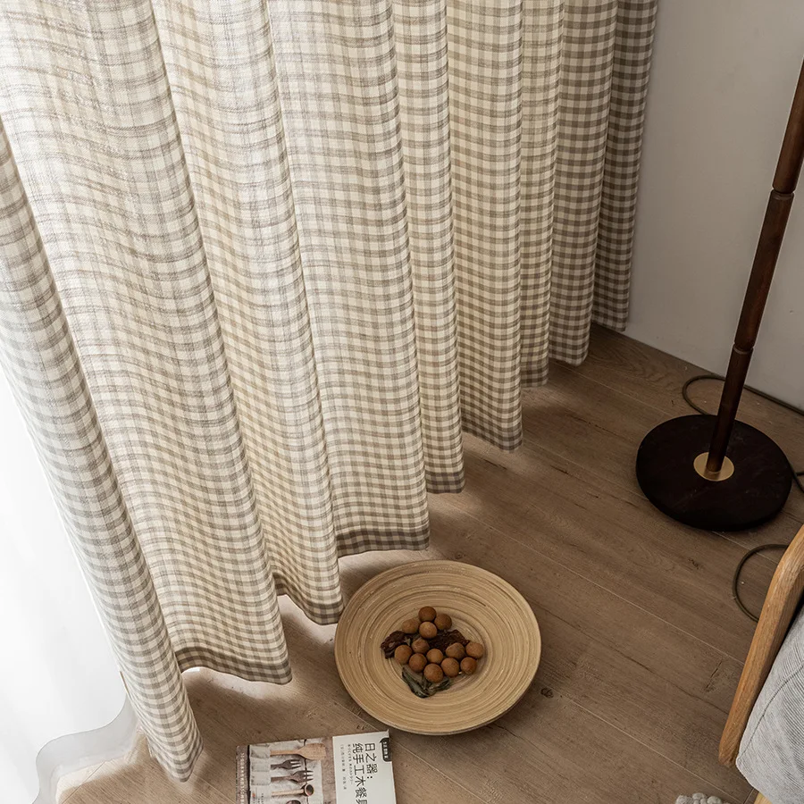 Japanese Style Log Style Fresh Pastoral Literary Plaid Cotton and Linen Jacquard Light Filter Decorative Curtains Living Room